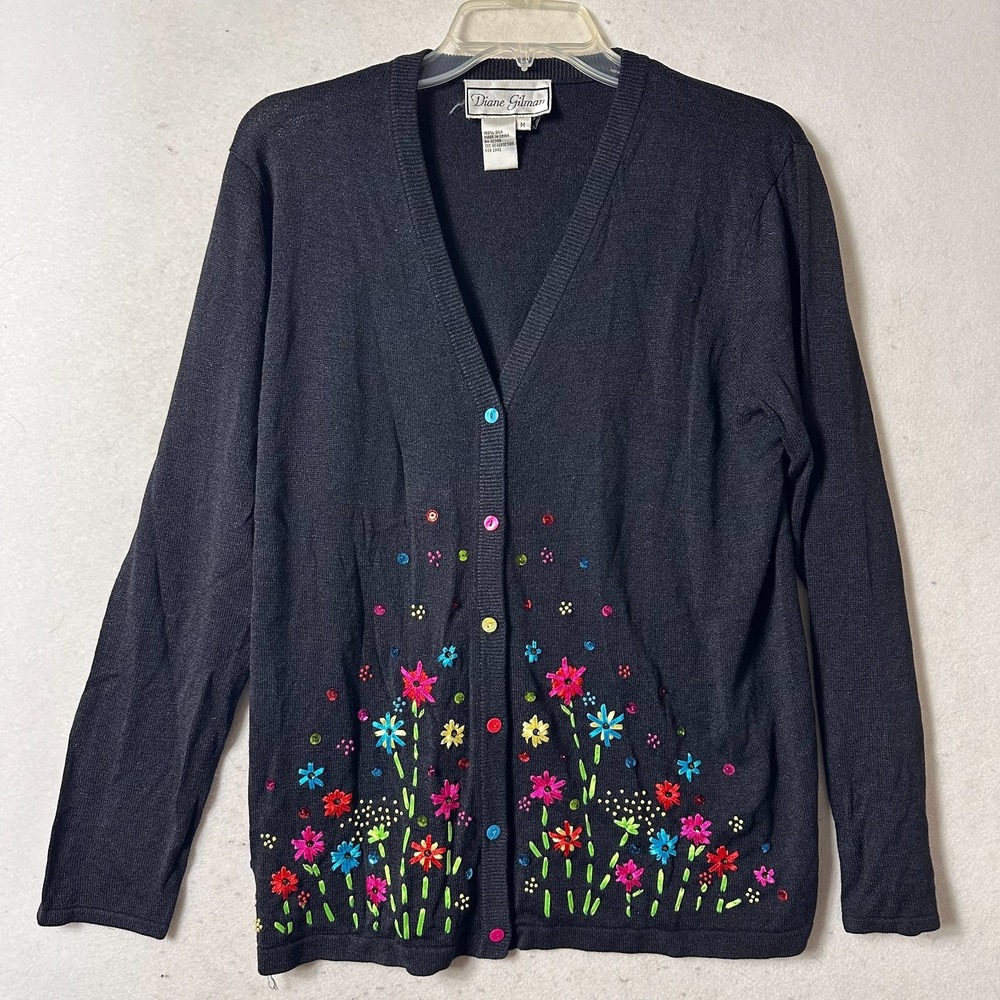 DIANE GILMAN cardigan sweater‎ ribbon Embellished Sequins SILK black whimsical